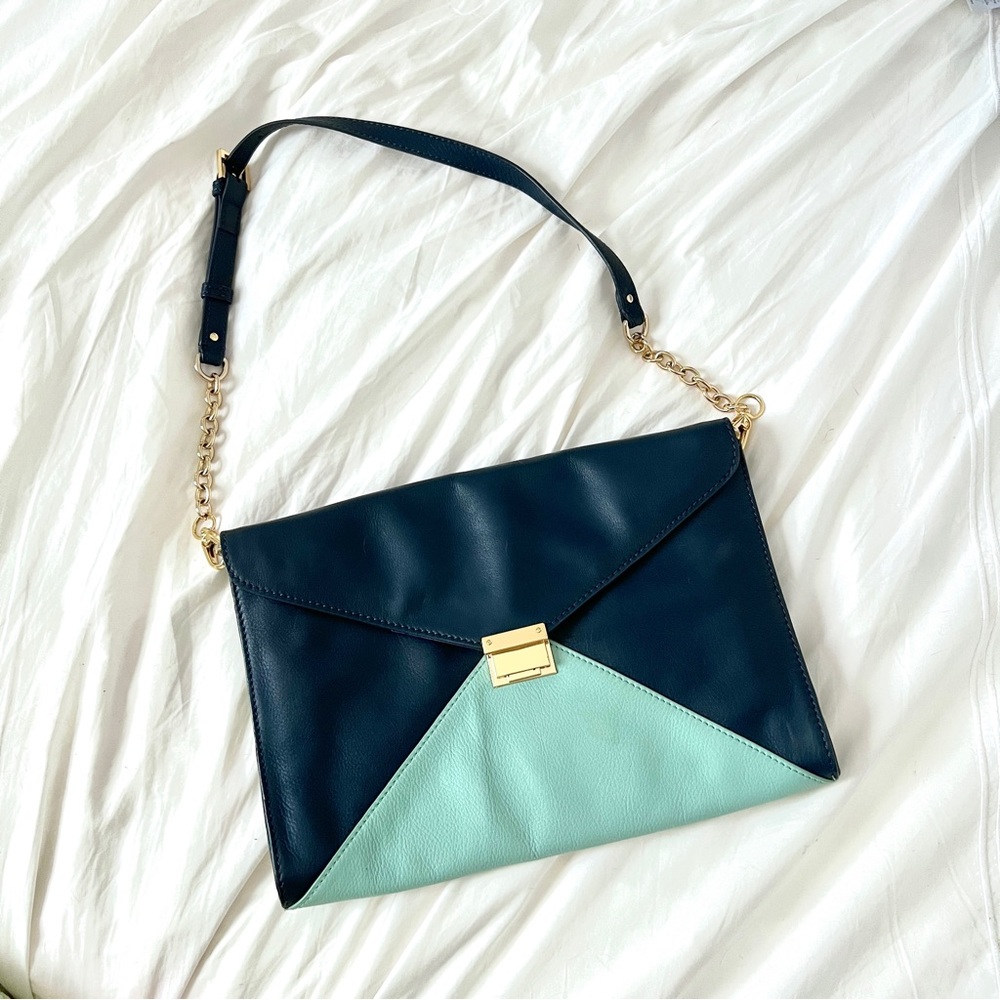 Club Monaco Envelope Bag Vegan Leather Block Colors Navy Teal Gold Chain Handle